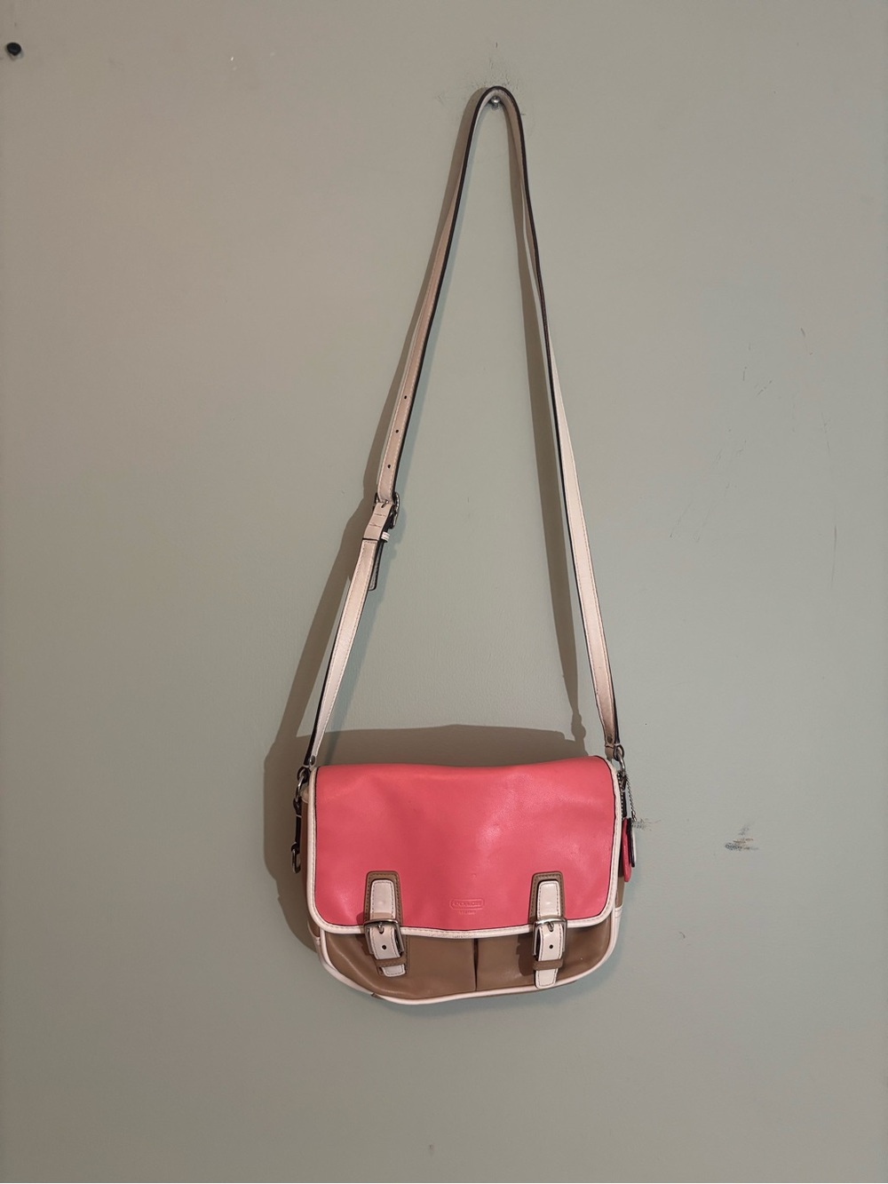 Coach Pink and Tan Leather Crossbody Satchel with Cream Trim